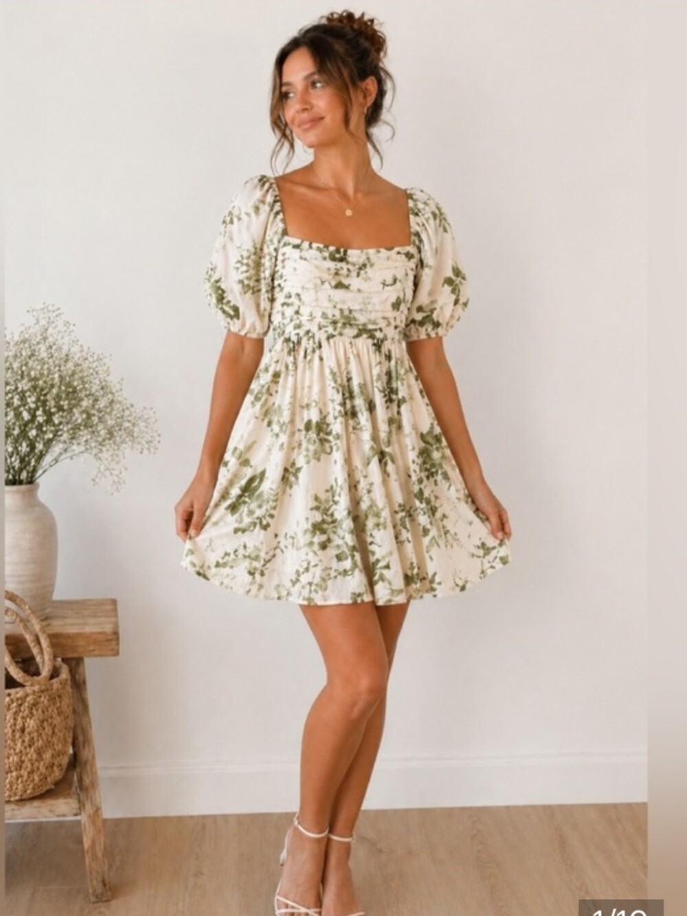 Blu Pepper Cream Mini Dress with Green Floral Print